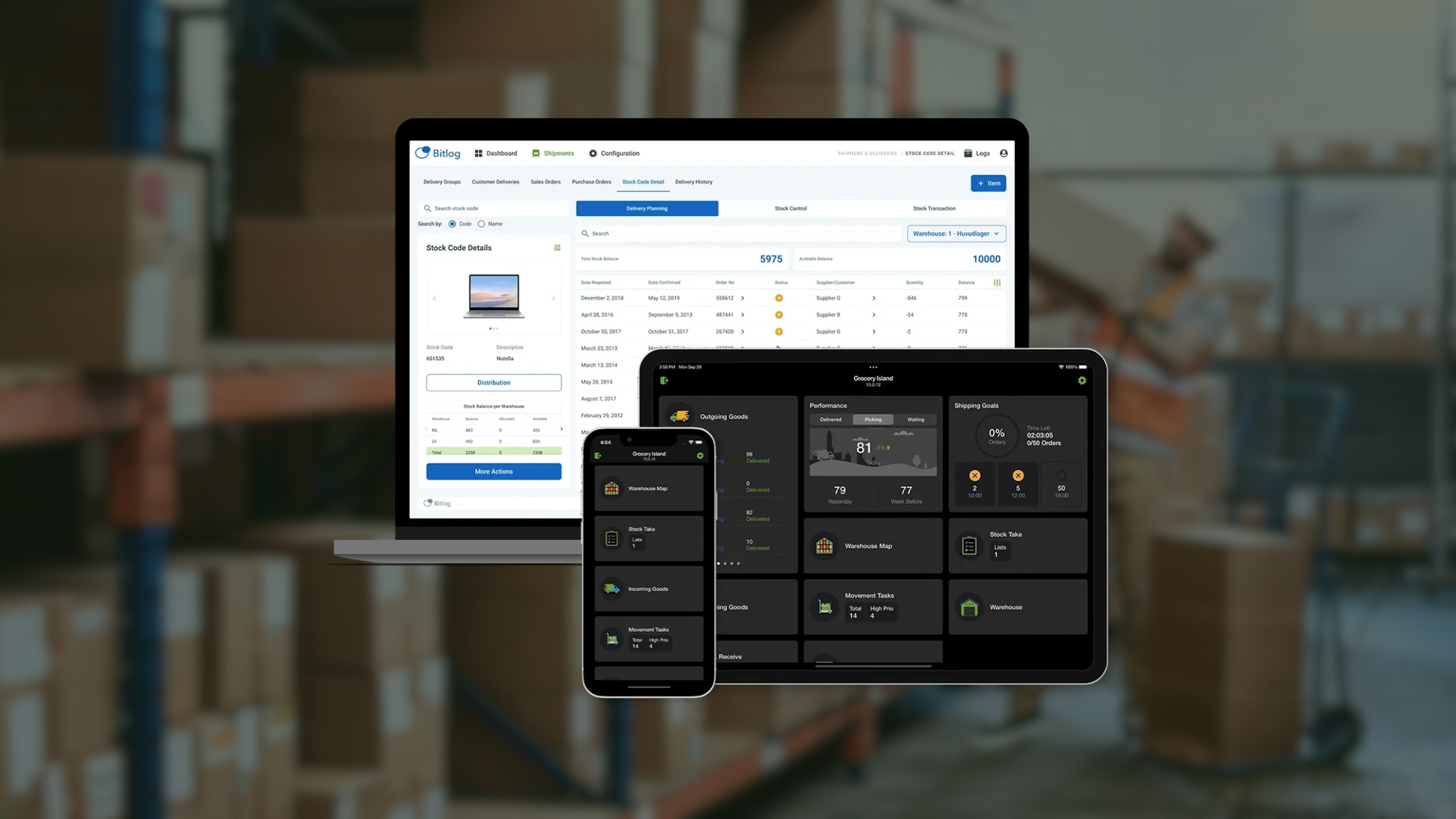 Bitlog WMS on tablet, mobile and desktop screens